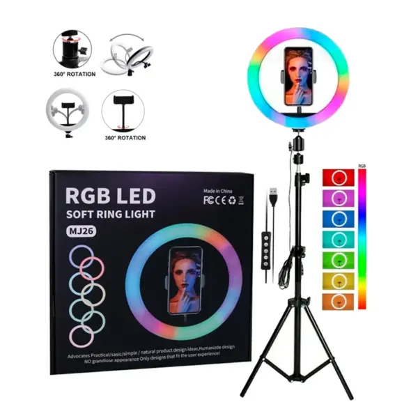 Aro De Luz Led 26 Cm Luz Rgb Calida Fria + Trípode 2.10 Mt