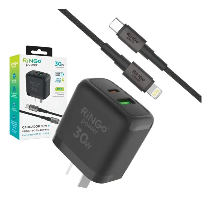 Cargador Ringo 30w 2 Puertos + Cable Compatible C/ Lightning