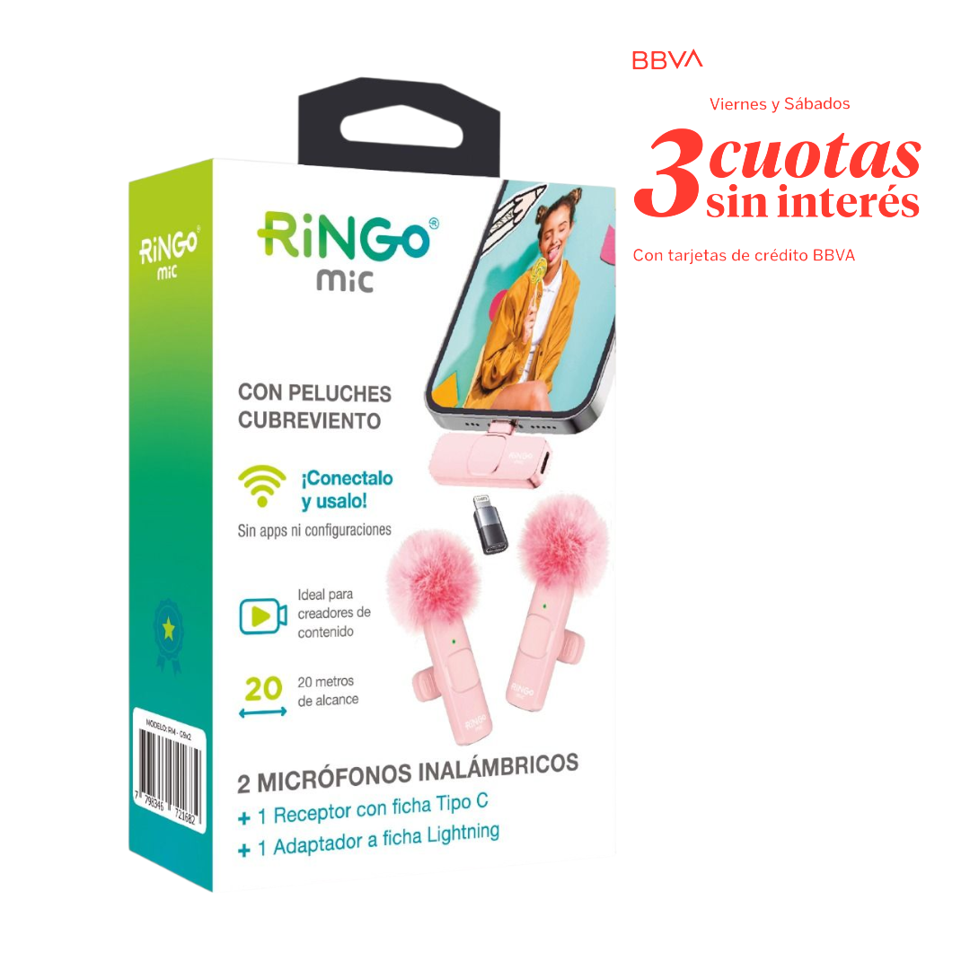 Micrófono Inalámbrico Rosa Ringo X2 C/peluche C + Lightning Rosa