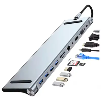 Adaptador Hub 11 en 1 para PC Aluminio Múltiple Conexión Alta Velocidad Audio Video