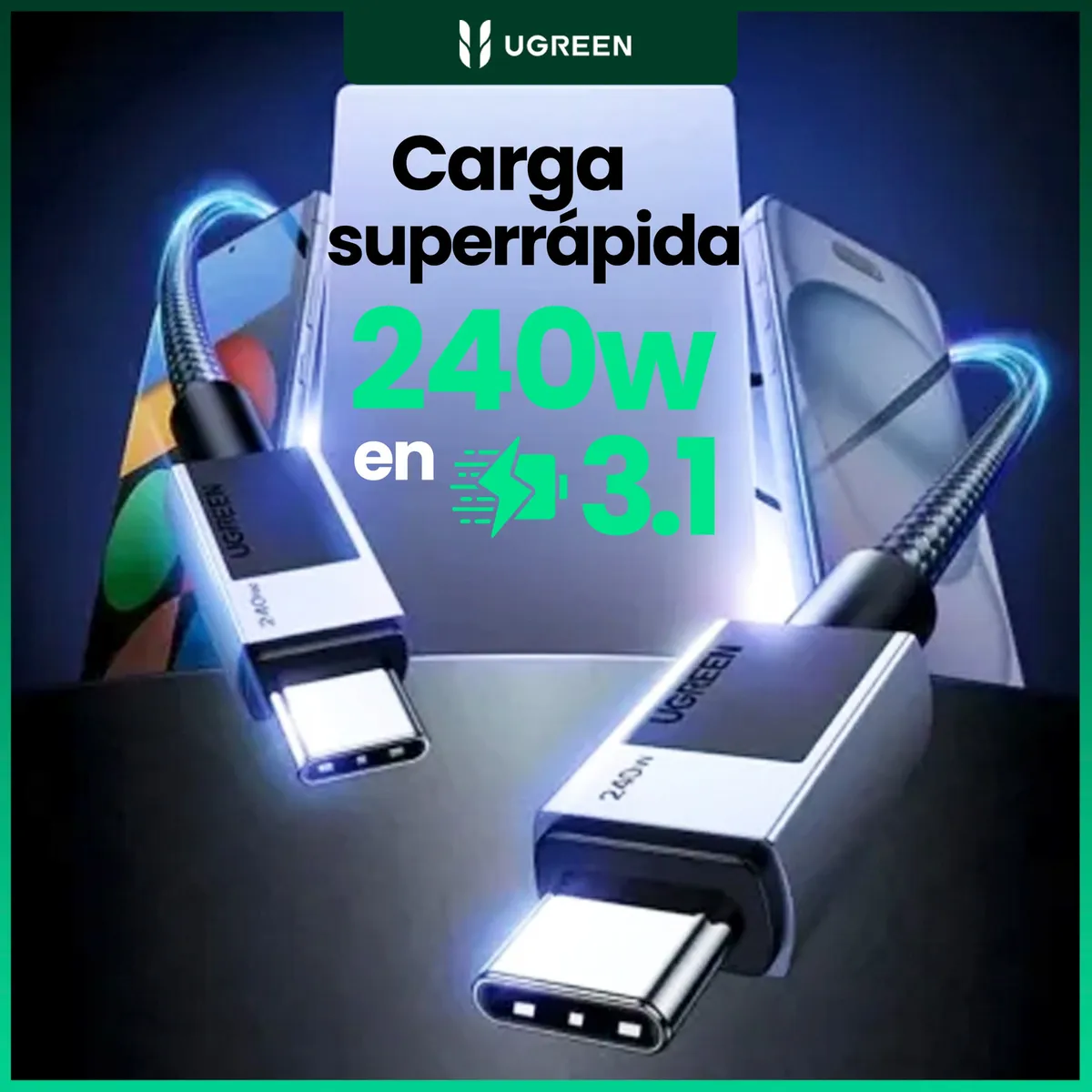 CABLE CARGA RAPIDA USB-C A USB-C PD 1M GRIS UGREEN 240W - Imagen 3
